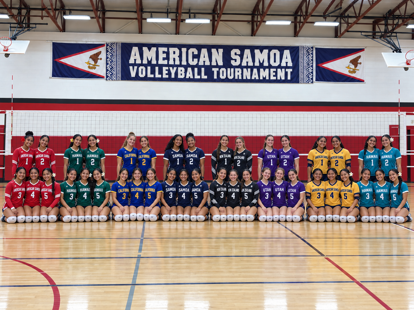 The eight invited 16U women's volleyball teams lined up at center court beneath the American Samoa Volleyball Tournament banner